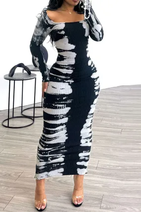 Abstract Print Flattering Ribbed Bodycon Midi Dress