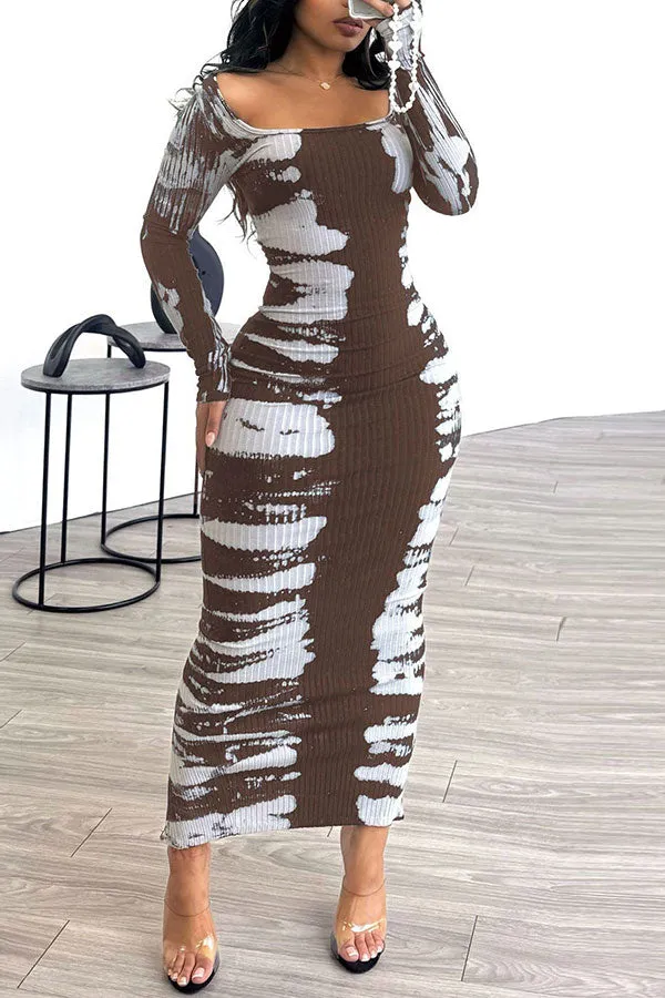 Abstract Print Flattering Ribbed Bodycon Midi Dress