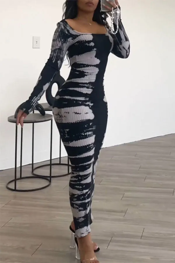 Abstract Print Flattering Ribbed Bodycon Midi Dress