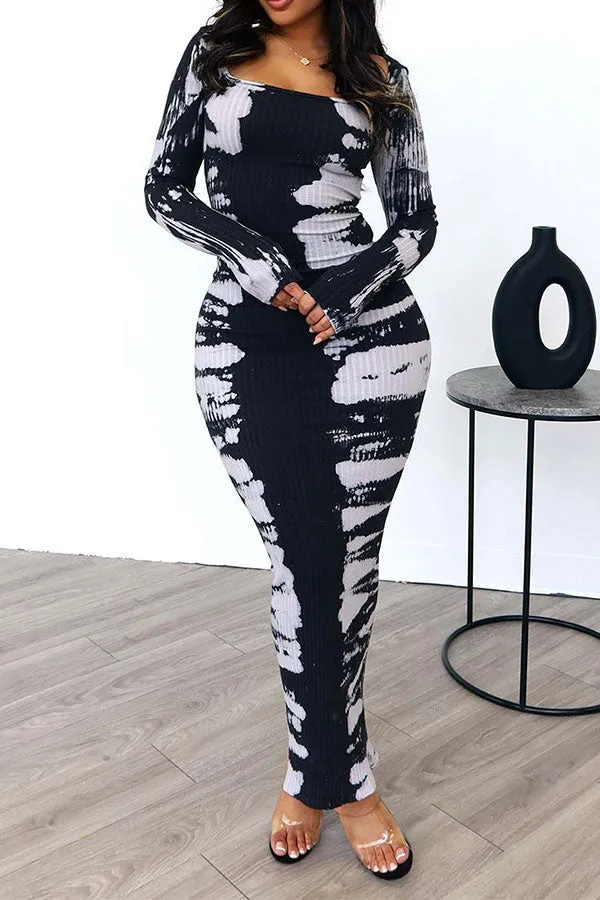 Abstract Print Flattering Ribbed Bodycon Midi Dress