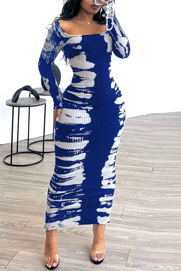 Abstract Print Flattering Ribbed Bodycon Midi Dress