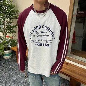Aidase 2024 Autumn Men Trendy American Retro Letter Print Patchwork Y2K T-shirt Male Casual Streetwear Oversize O Neck Long Sleeve Tops