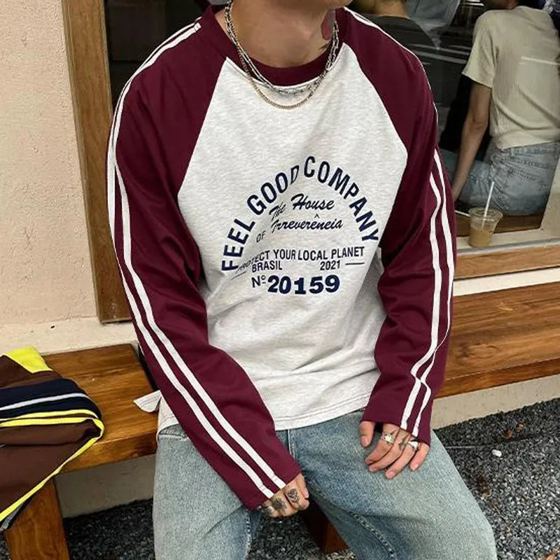 Aidase 2024 Autumn Men Trendy American Retro Letter Print Patchwork Y2K T-shirt Male Casual Streetwear Oversize O Neck Long Sleeve Tops