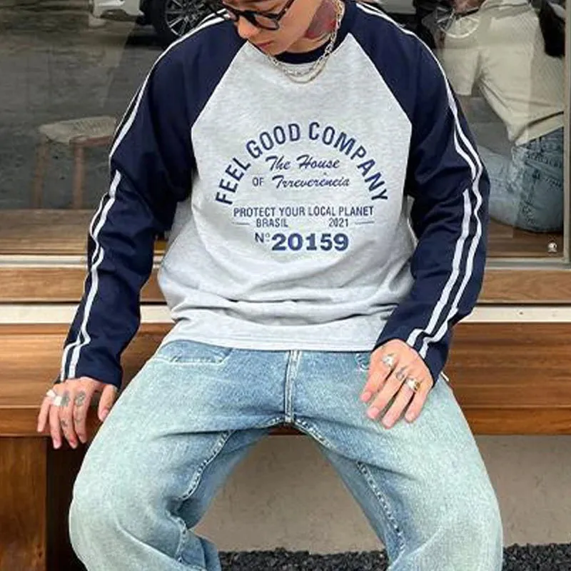 Aidase 2024 Autumn Men Trendy American Retro Letter Print Patchwork Y2K T-shirt Male Casual Streetwear Oversize O Neck Long Sleeve Tops