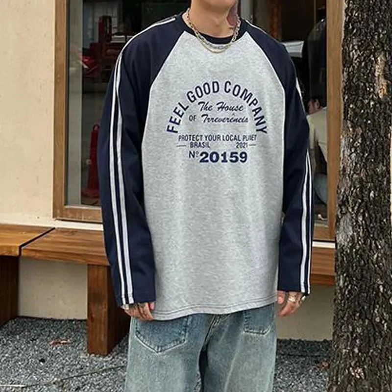Aidase 2024 Autumn Men Trendy American Retro Letter Print Patchwork Y2K T-shirt Male Casual Streetwear Oversize O Neck Long Sleeve Tops