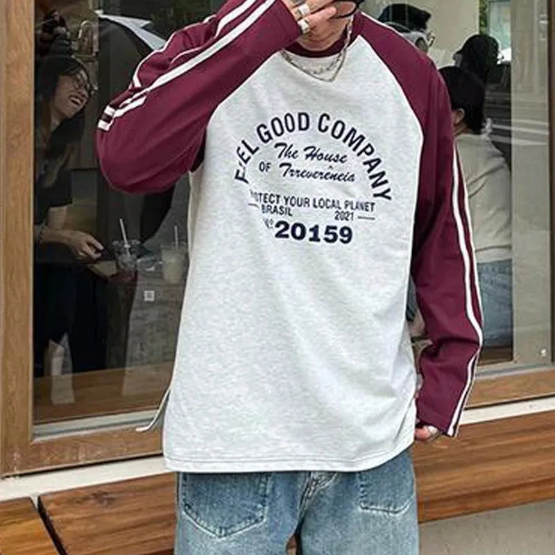 Aidase 2024 Autumn Men Trendy American Retro Letter Print Patchwork Y2K T-shirt Male Casual Streetwear Oversize O Neck Long Sleeve Tops