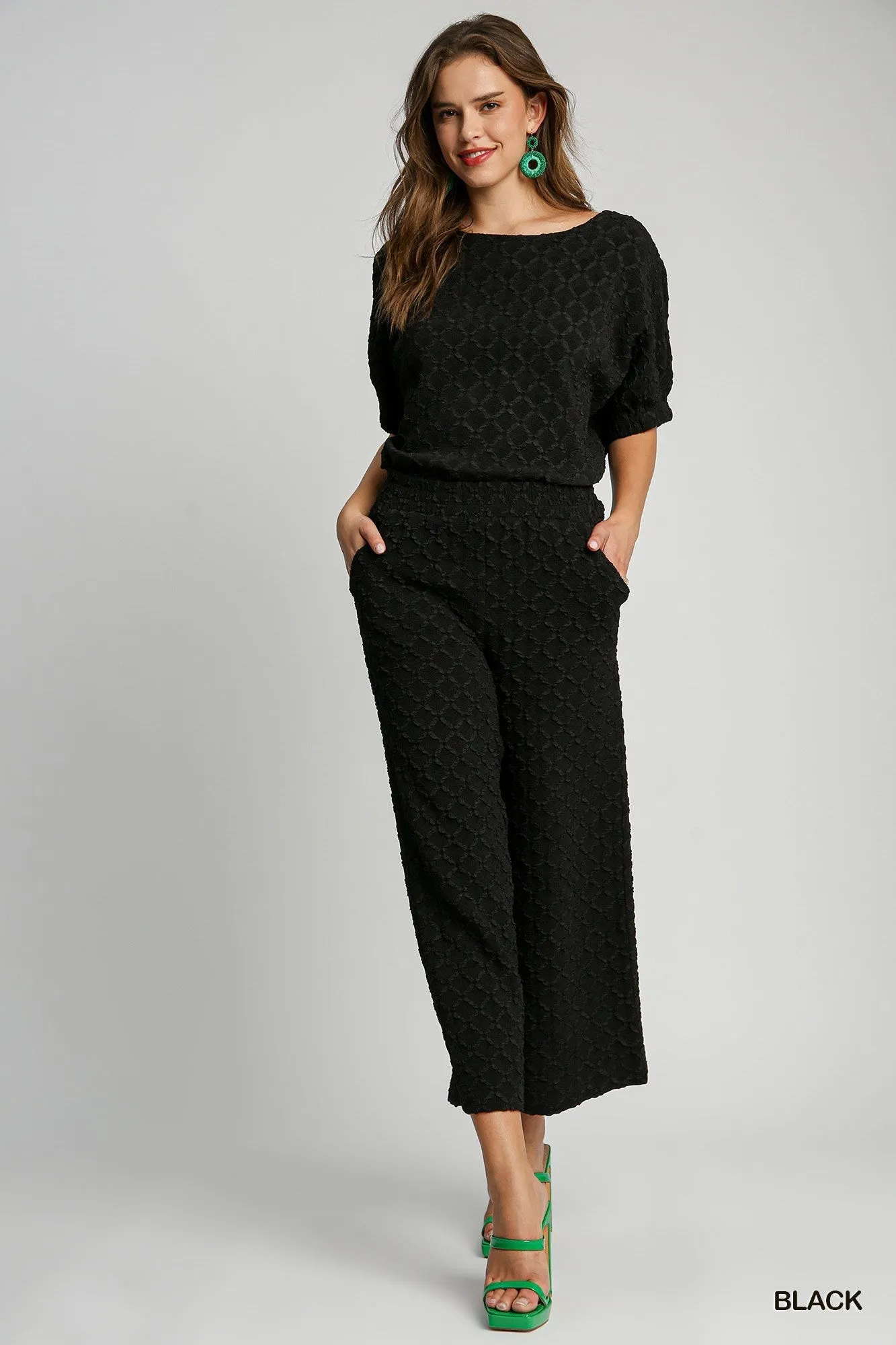 Black Textured Knit Wide Leg Ankle Pants