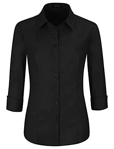 Black Womens Slim-Fit Long Sleeve Stretchy Button Down Collar Office Formal Casual Shirt Blouse - EZEN
