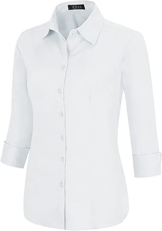 Black Womens Slim-Fit Long Sleeve Stretchy Button Down Collar Office Formal Casual Shirt Blouse - EZEN