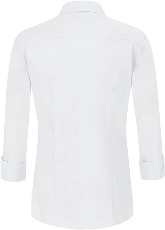 Black Womens Slim-Fit Long Sleeve Stretchy Button Down Collar Office Formal Casual Shirt Blouse - EZEN