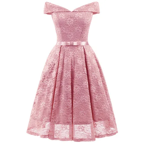Blush Pink Lace Off the Shoulder Fit and Flare Swing Dress