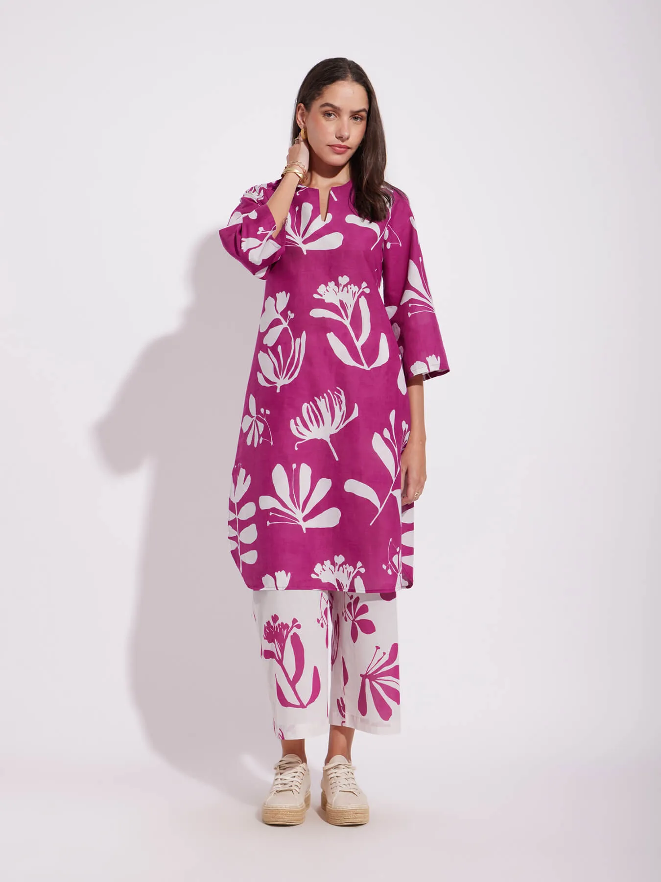 Cotton Contrast Floral Print Kurta Set - Pink