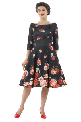 Deborah Flattering Swing Dress - Black with Raising Rose