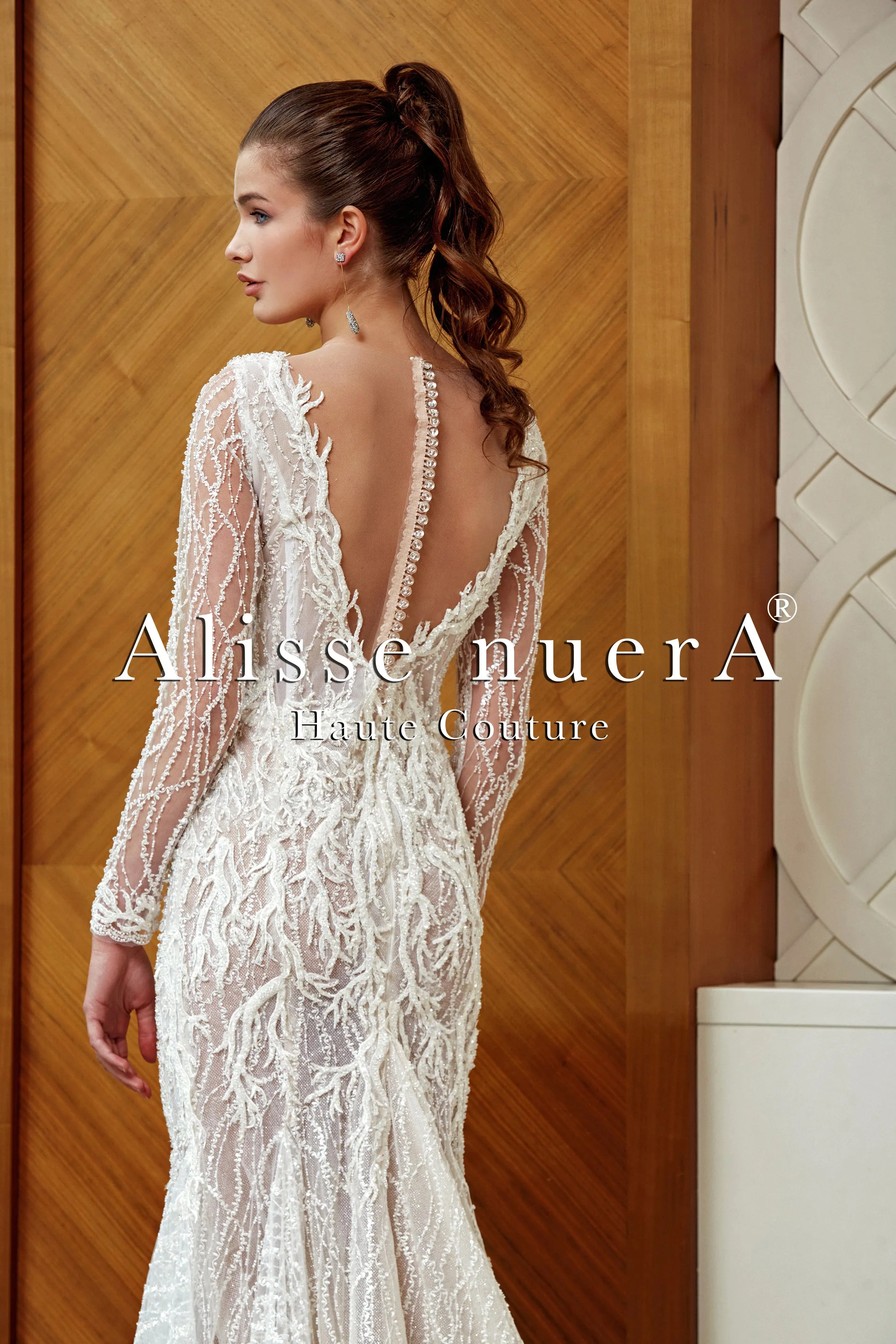 Deep V Neck Long Sleeve Lace Mermaid Bridal Gown