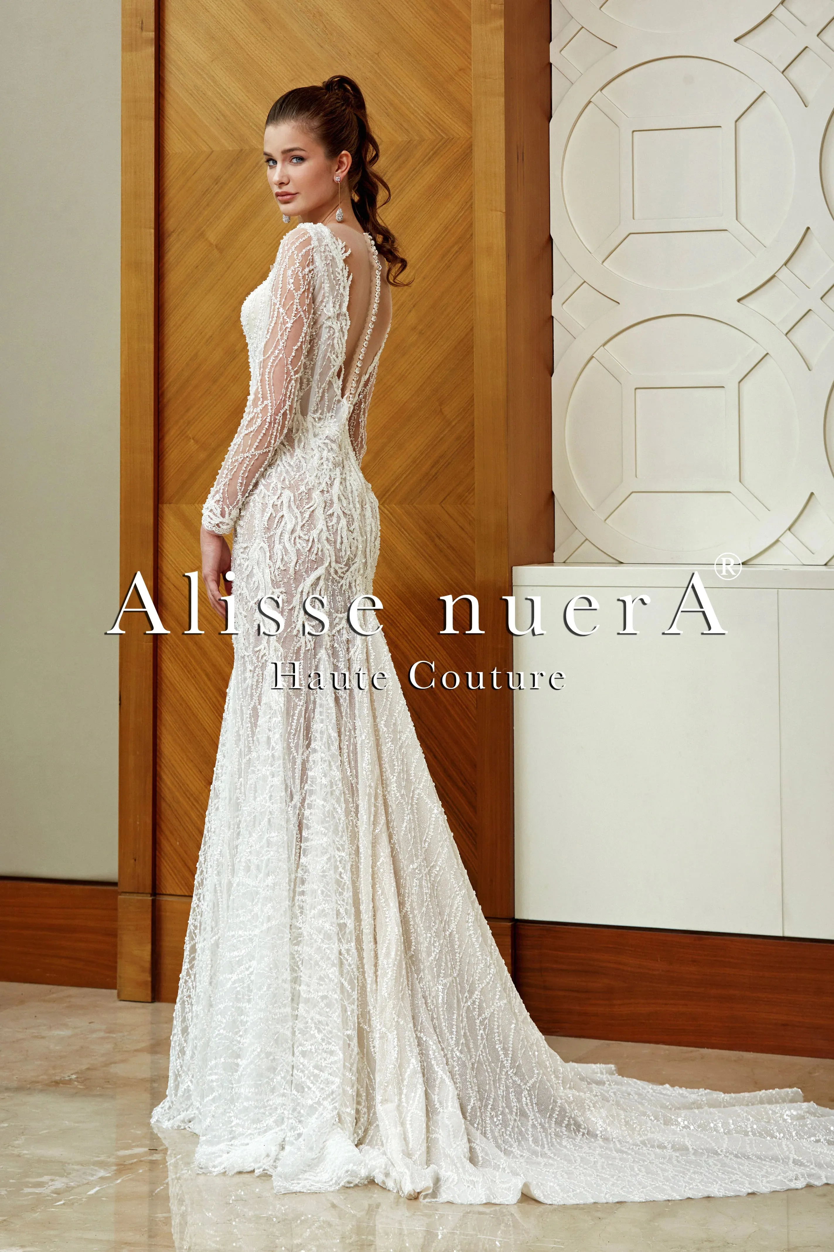 Deep V Neck Long Sleeve Lace Mermaid Bridal Gown