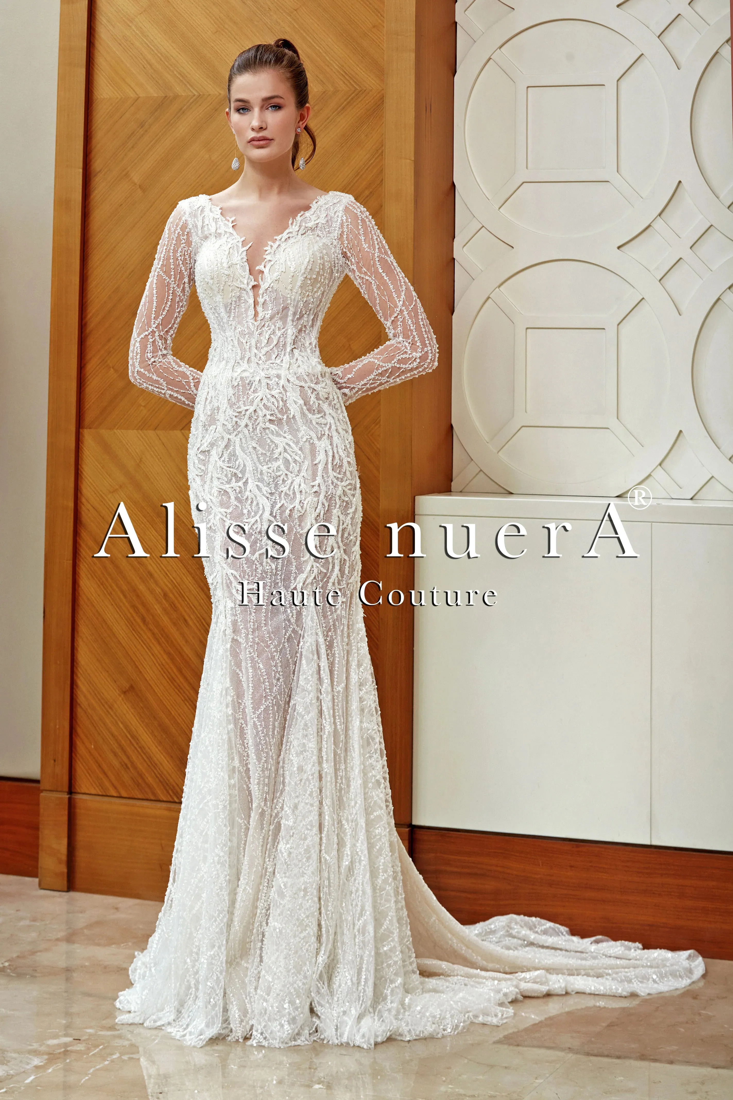 Deep V Neck Long Sleeve Lace Mermaid Bridal Gown