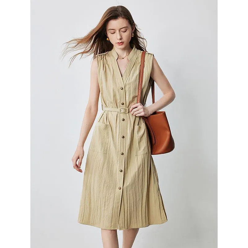 Elegant Summer V-Neck Midi Shirt Dress with Pockets