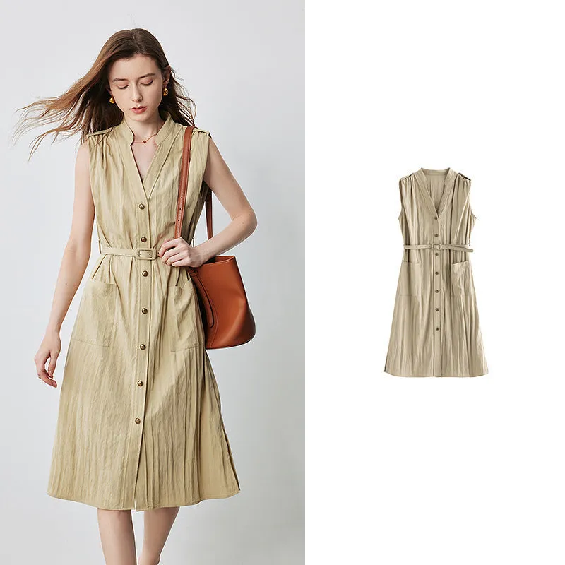 Elegant Summer V-Neck Midi Shirt Dress with Pockets