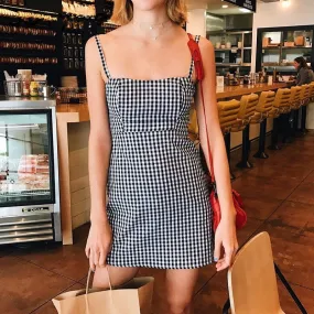 Europe Chequered Spaghetti Strap Hip Flattering Sexy Mini Dress