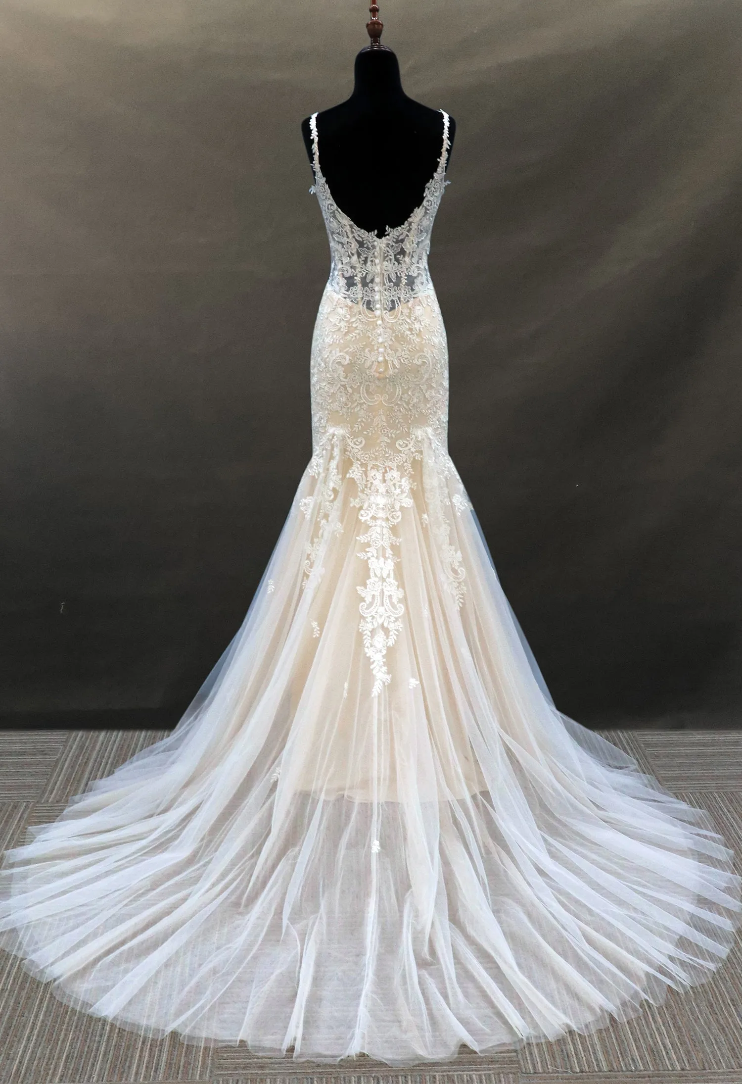 Feminine Floral Lace Fit and Flare Wedding Gown with Scoop Neckline - Off The Rack