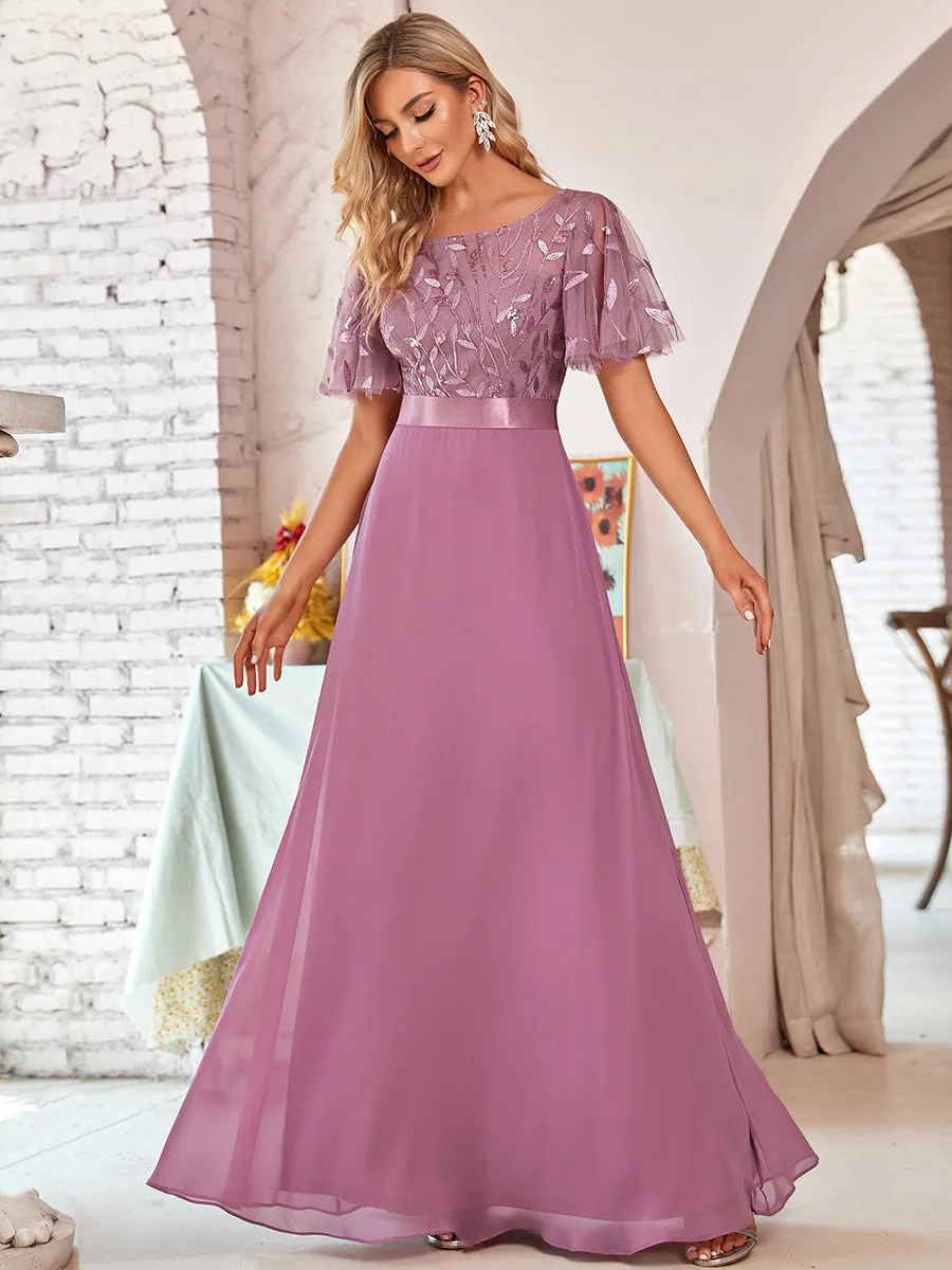Flattering Round Neck Wholesale Bridesmaid Dresses with Ruffle Sleeves EP00691