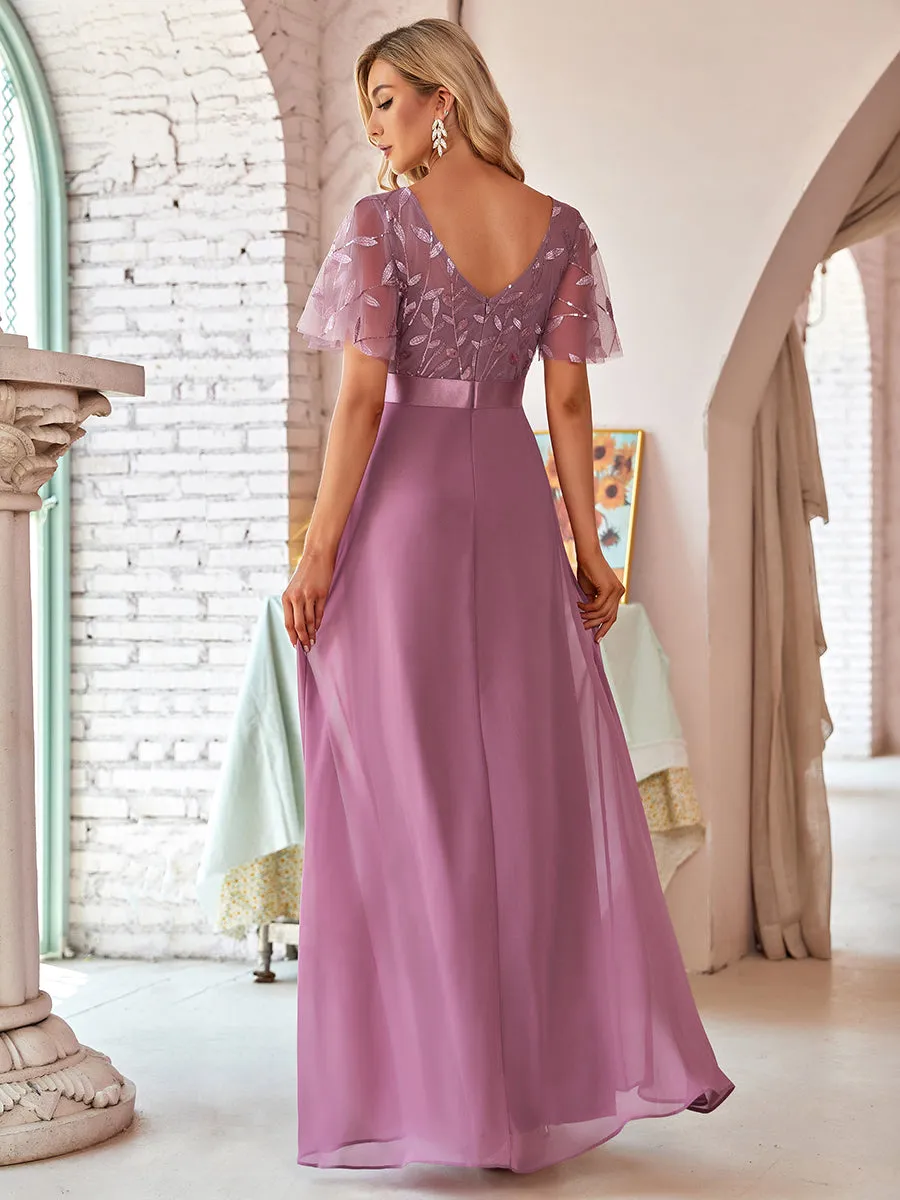 Flattering Round Neck Wholesale Bridesmaid Dresses with Ruffle Sleeves EP00691