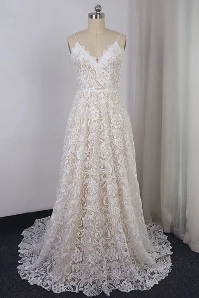 Gorgeous Spaghetti Straps  Lace V-neck Long Wedding Dresses