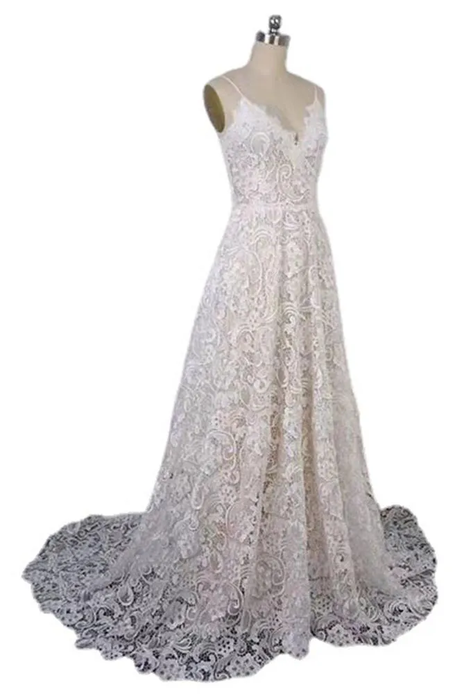 Gorgeous Spaghetti Straps  Lace V-neck Long Wedding Dresses