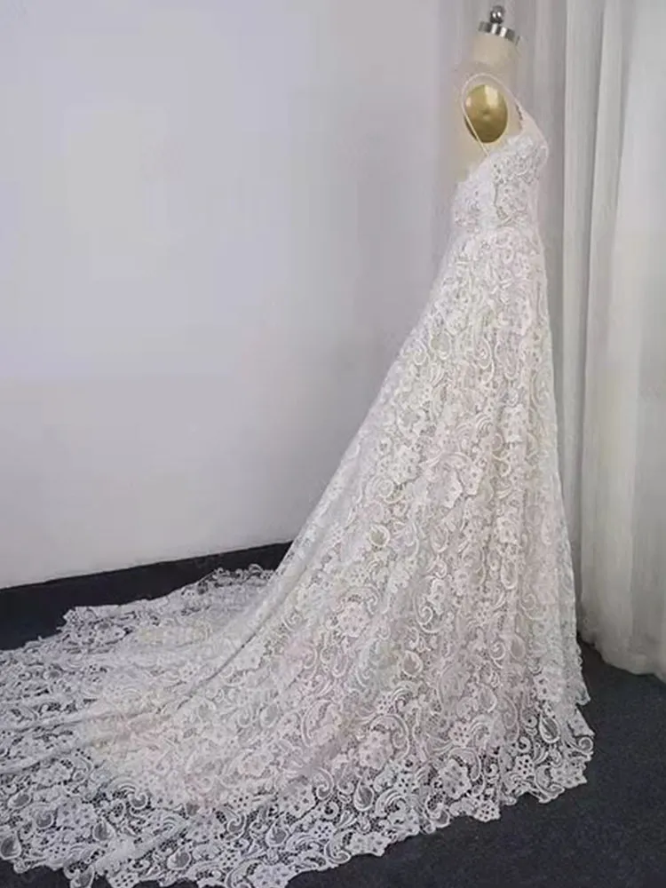 Gorgeous Spaghetti Straps  Lace V-neck Long Wedding Dresses