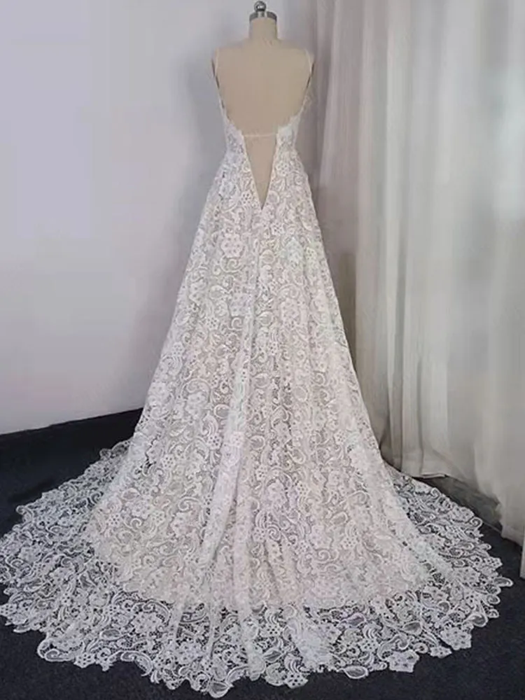 Gorgeous Spaghetti Straps  Lace V-neck Long Wedding Dresses