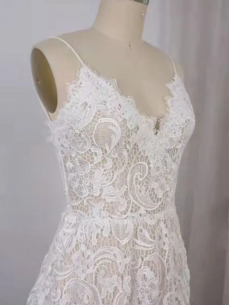 Gorgeous Spaghetti Straps  Lace V-neck Long Wedding Dresses