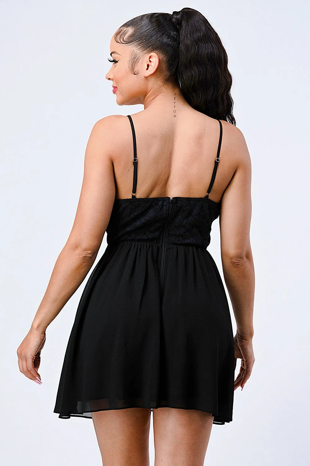 LACE MESH MULTI FABRIC FIT N FLARE DRESS