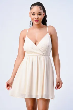 LACE MESH MULTI FABRIC FIT N FLARE DRESS