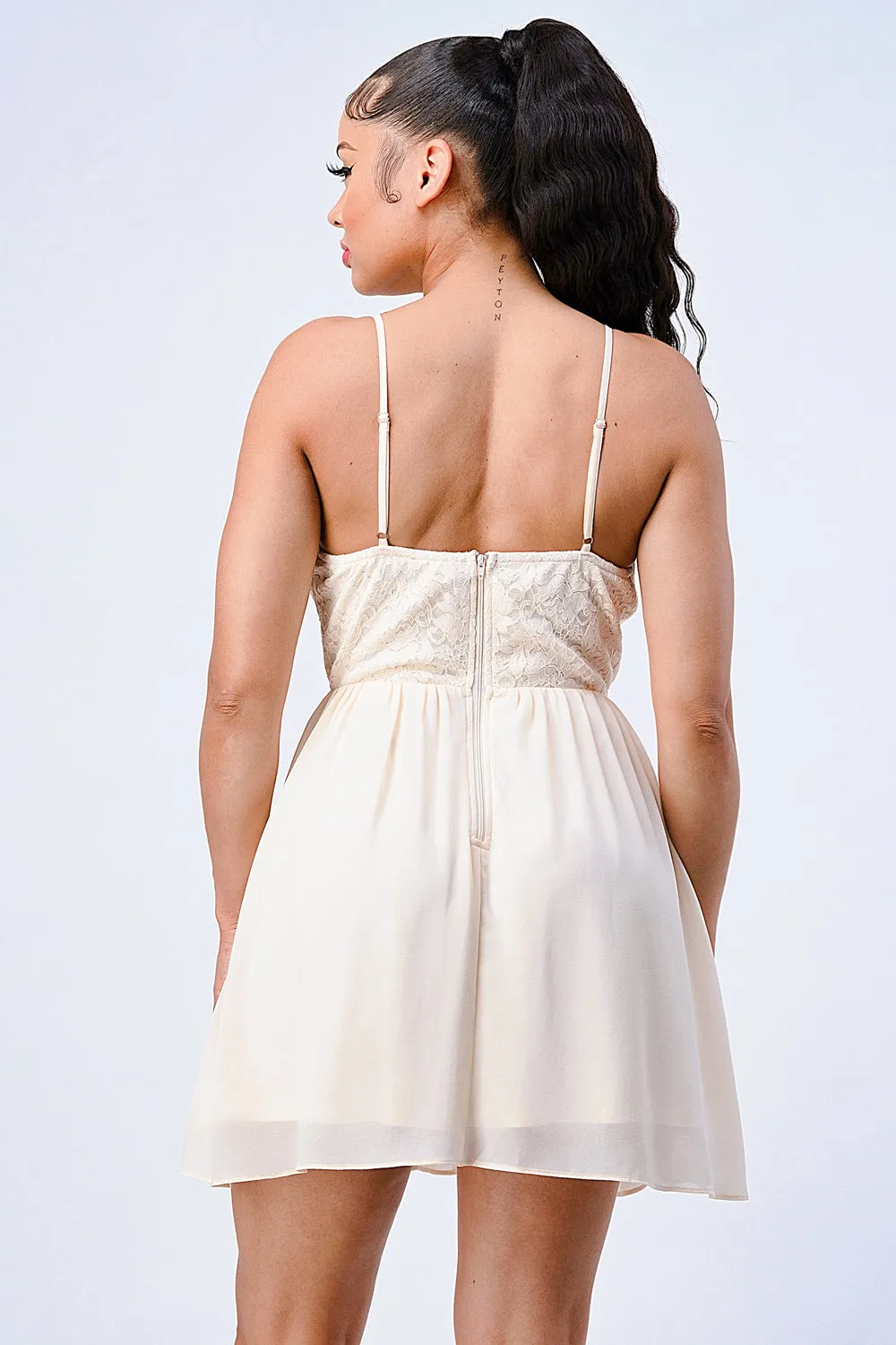 LACE MESH MULTI FABRIC FIT N FLARE DRESS