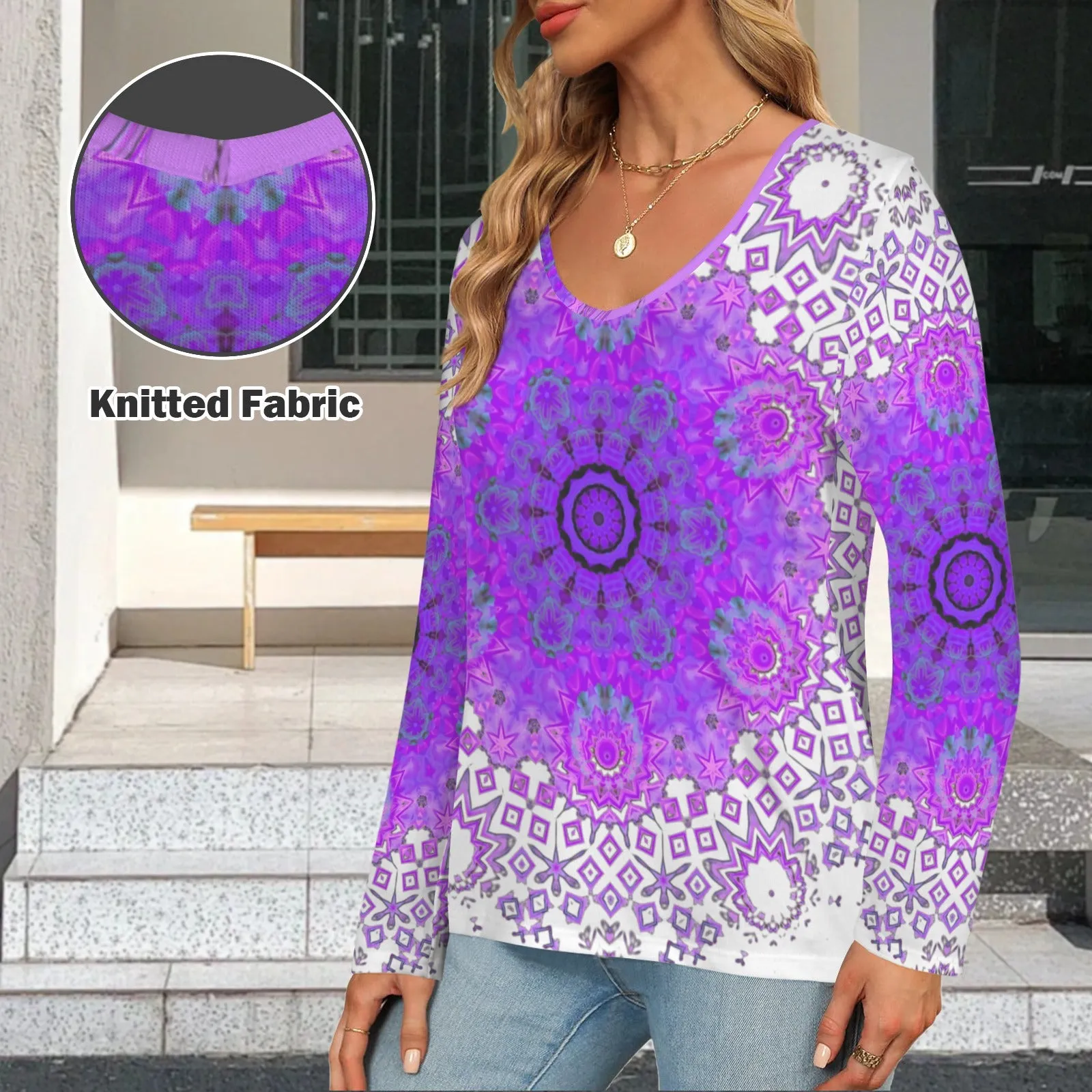 Long Sleeve V Neck Sweater Bergamot Medallion