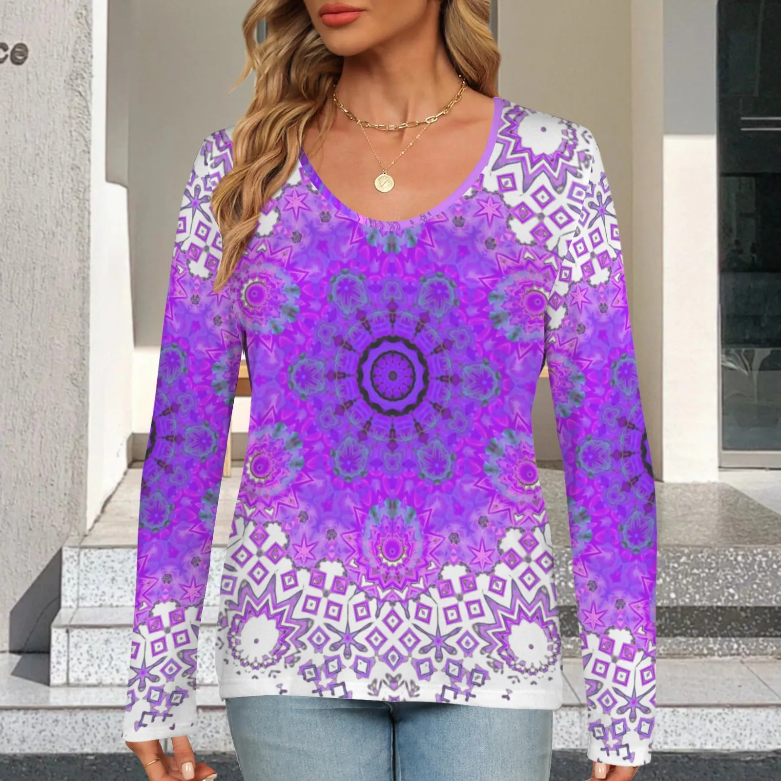 Long Sleeve V Neck Sweater Bergamot Medallion
