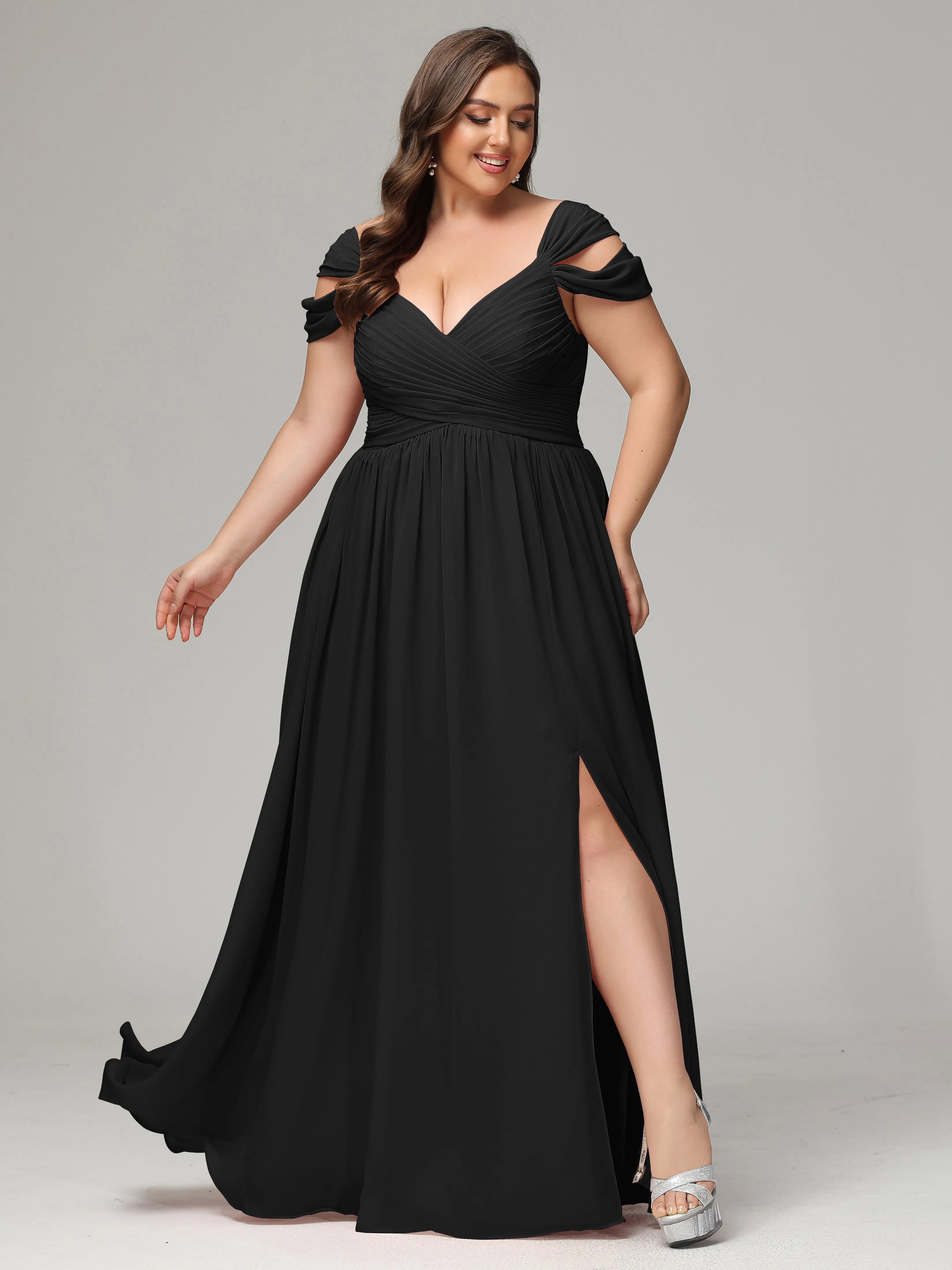 Long Wedding Black Bridesmaid Dresses Cap Sleeves Chiffon With Split Bridesmaid Dresses Flattering Plus Size