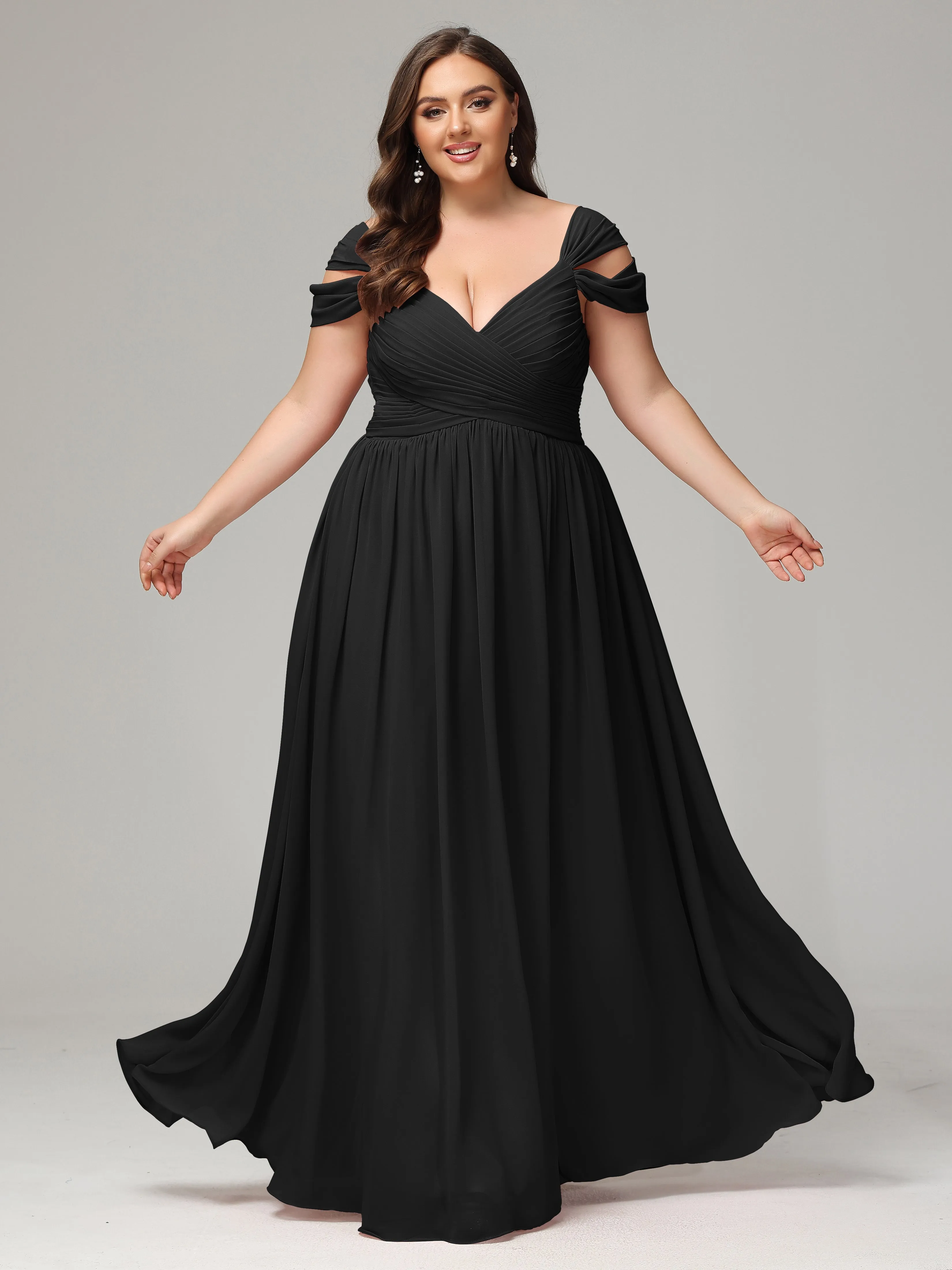 Long Wedding Black Bridesmaid Dresses Cap Sleeves Chiffon With Split Bridesmaid Dresses Flattering Plus Size