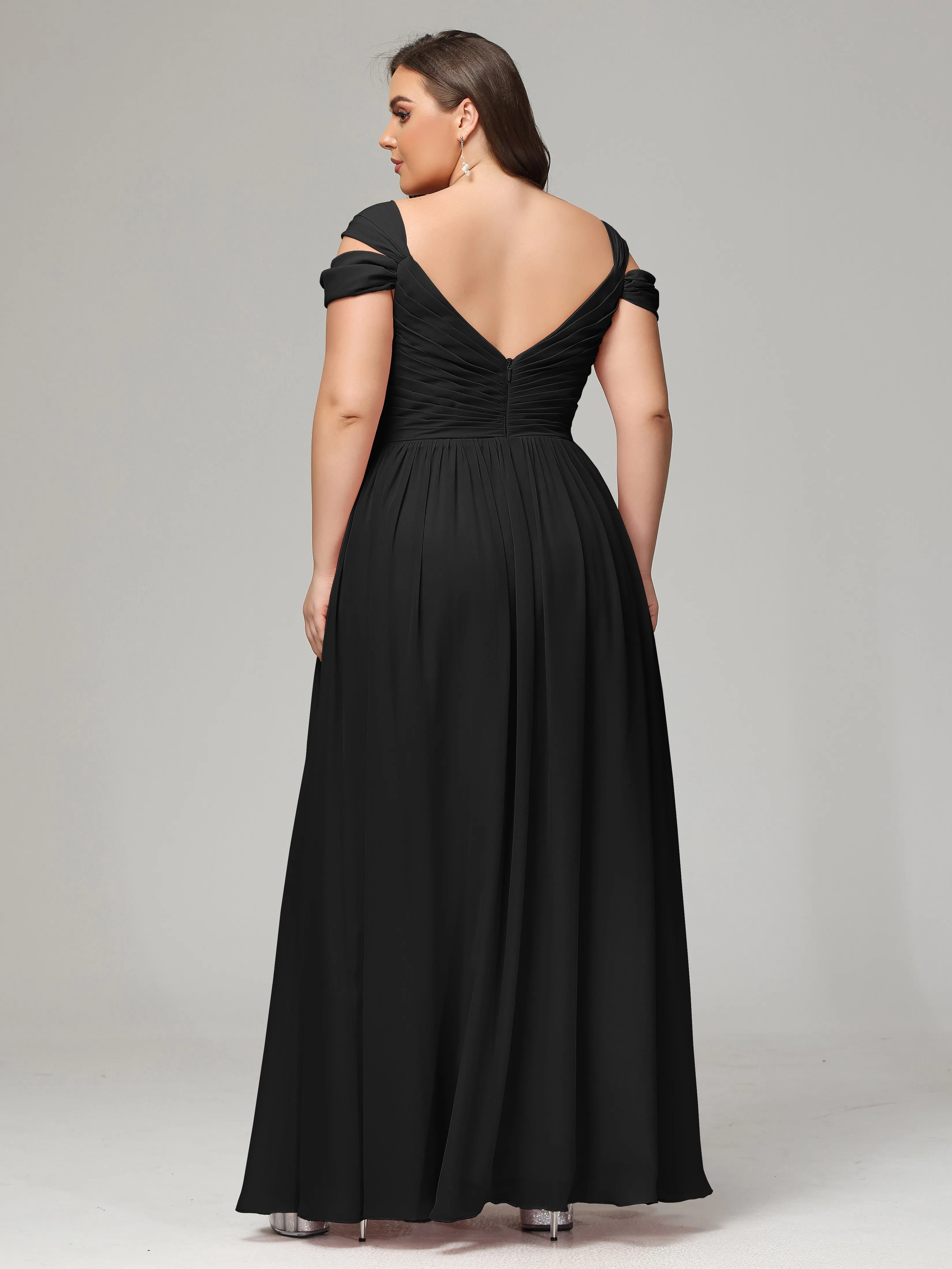 Long Wedding Black Bridesmaid Dresses Cap Sleeves Chiffon With Split Bridesmaid Dresses Flattering Plus Size