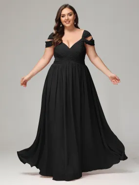 Long Wedding Black Bridesmaid Dresses Cap Sleeves Chiffon With Split Bridesmaid Dresses Flattering Plus Size