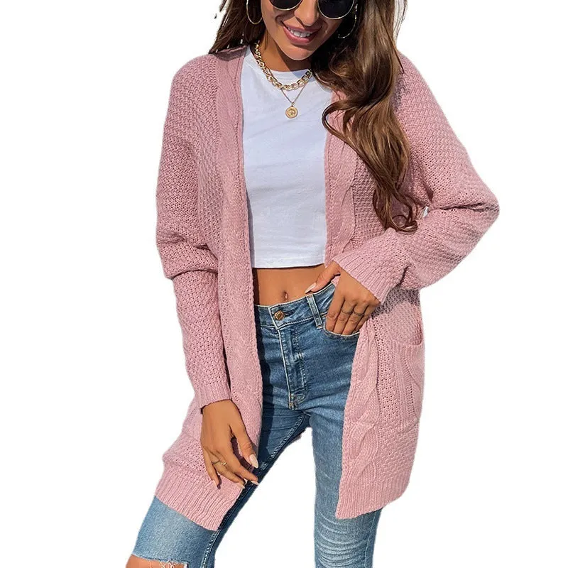 Mid-length Knitted Cardigan Jacket With Twist Pockets