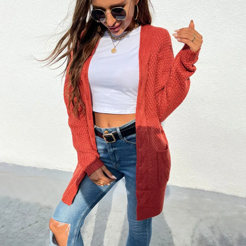 Mid-length Knitted Cardigan Jacket With Twist Pockets