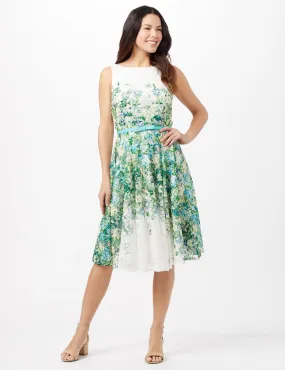Printed Lace Belted Fit and Flare Dress