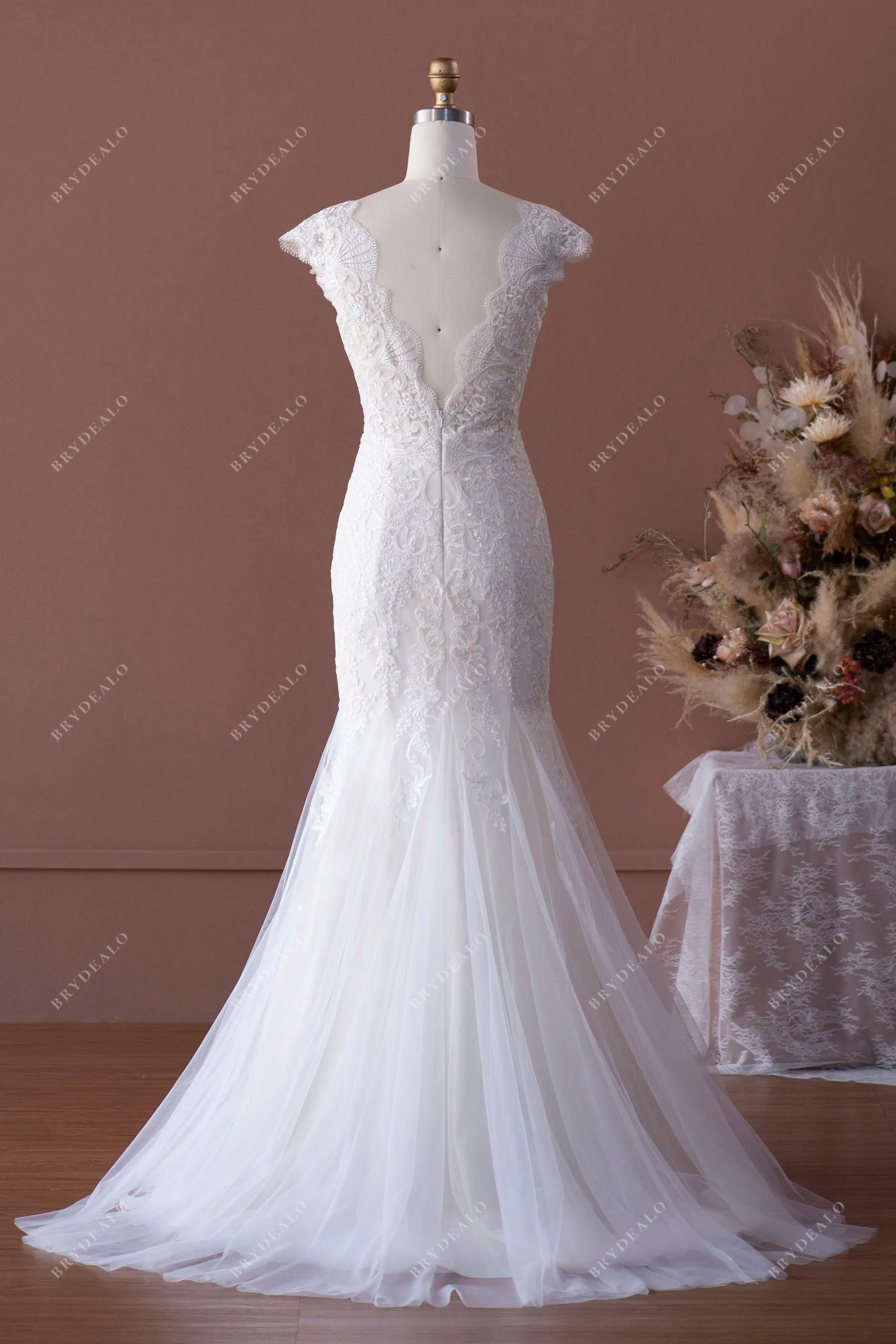 Scalloped Neckline Fit and Flare Wedding Dress