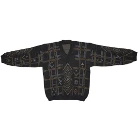 Southwestern Jacquard Fine-Gauge Alpaca Knit V-Neck Sweater