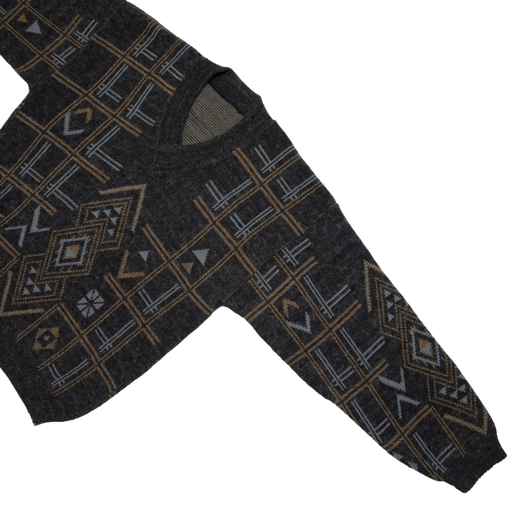 Southwestern Jacquard Fine-Gauge Alpaca Knit V-Neck Sweater