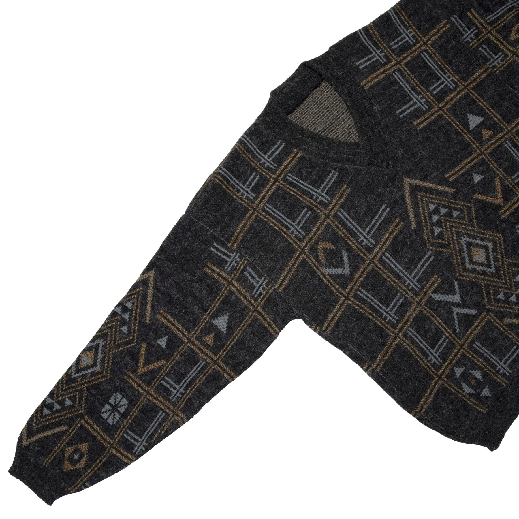 Southwestern Jacquard Fine-Gauge Alpaca Knit V-Neck Sweater