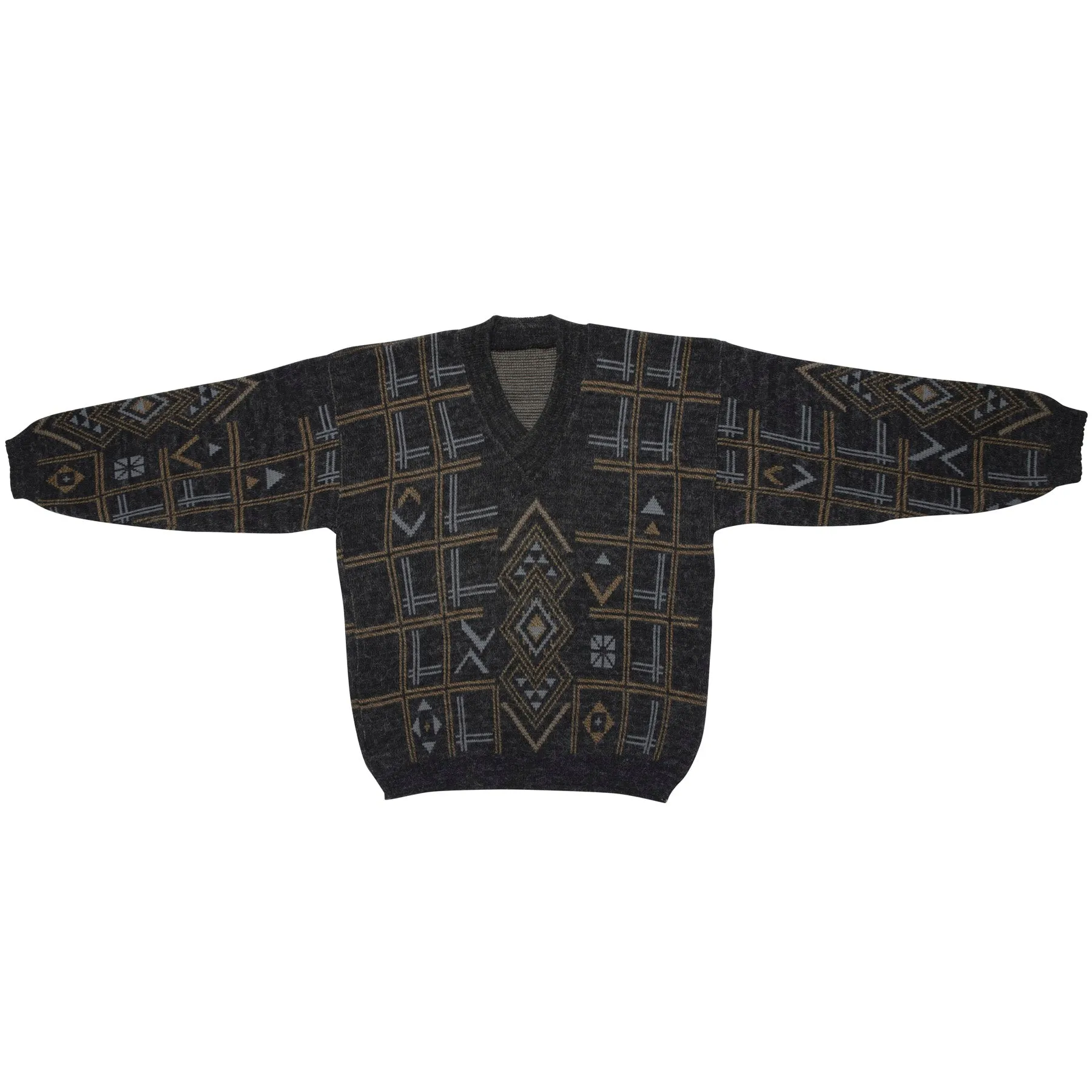 Southwestern Jacquard Fine-Gauge Alpaca Knit V-Neck Sweater