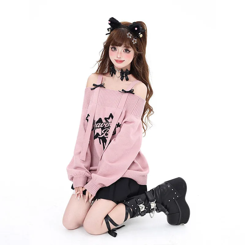 Sweet Cool Girl Style Pink Star Print Sweater