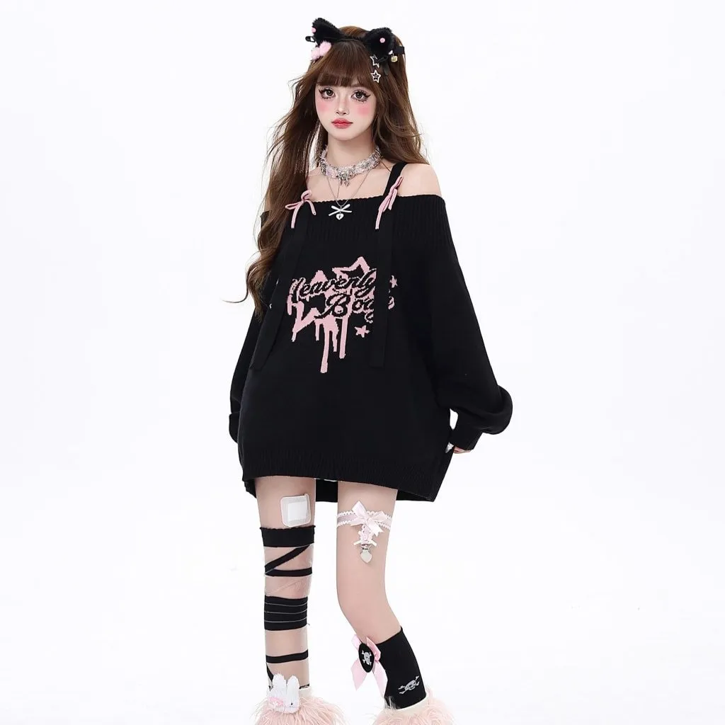 Sweet Cool Girl Style Pink Star Print Sweater